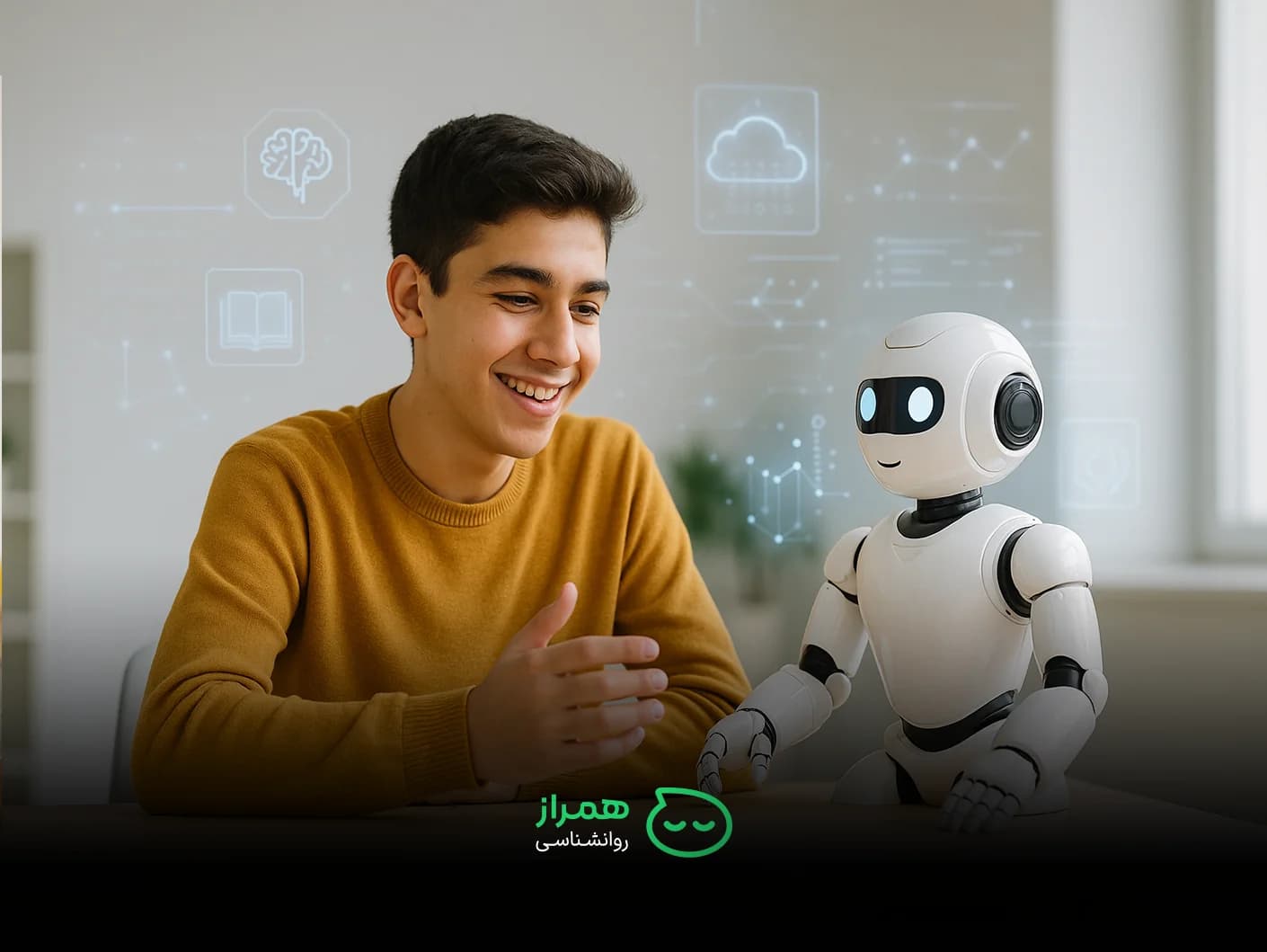 Teen boy interacting with friendly robot – future of emotional intelligence education